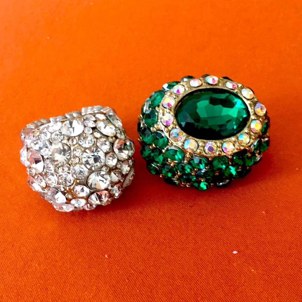 2 Cocktail Rings Faux Diamonds & Faux Emeralds - expandable fit several sizes